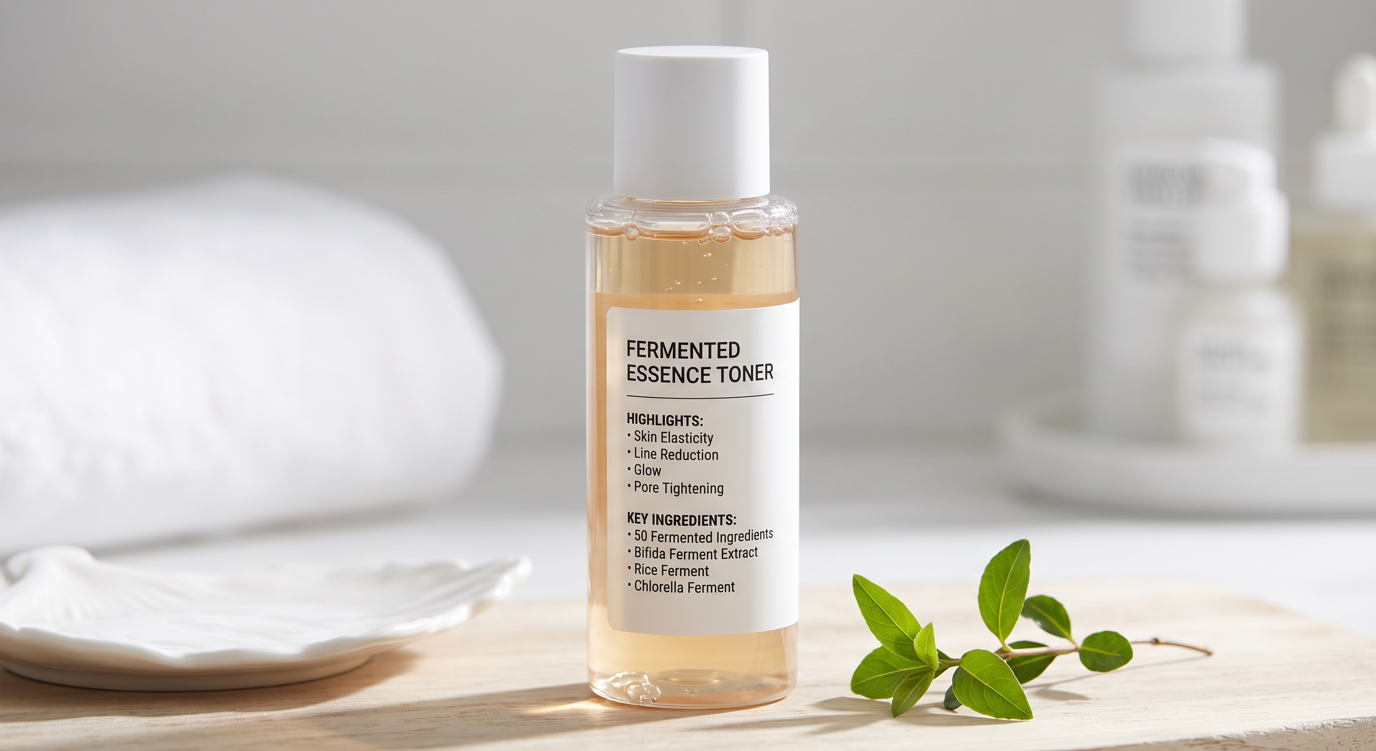 A close-up photograph of the Numbuzin No. 3 Super Glowing Essence Toner on a clean wooden surface, surrounded by blurred bathroom items.
