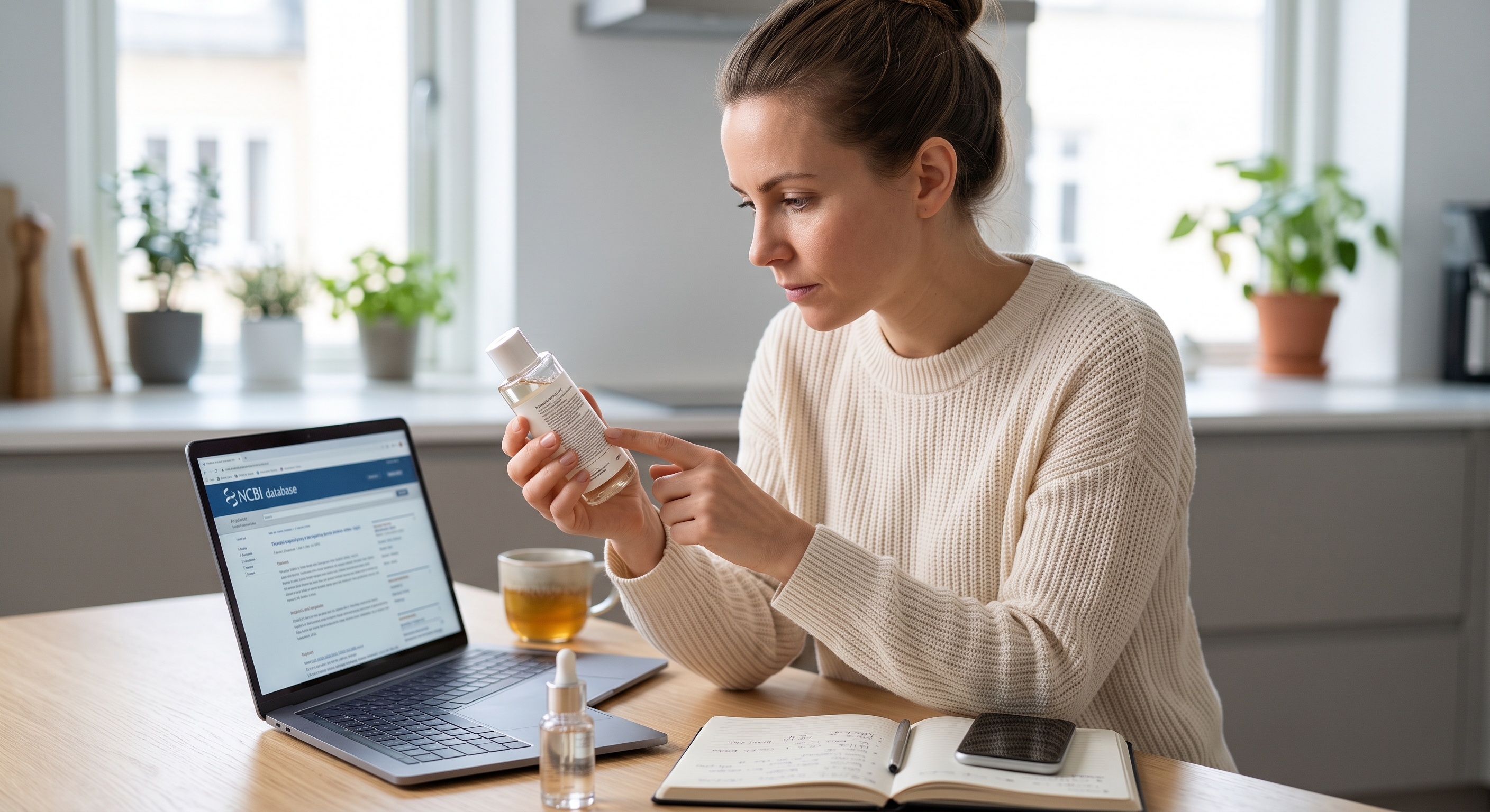 A woman points to a toner bottle's ingredient list while a laptop displays the NCBI scientific database on a desk.