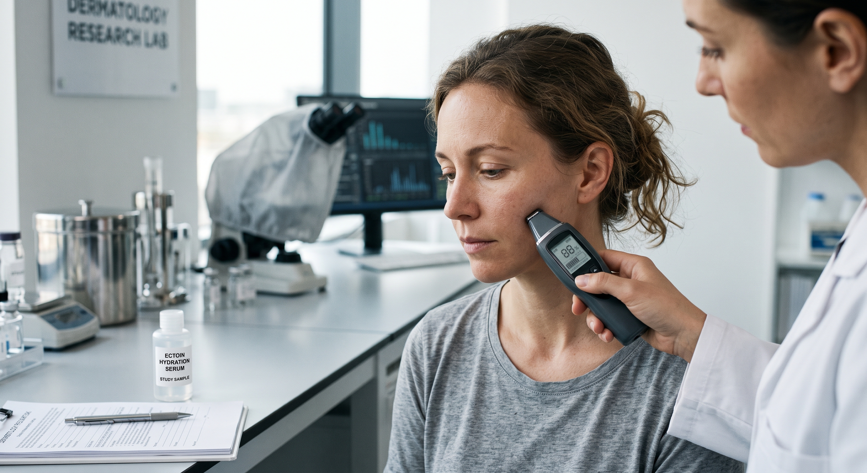 A lab technician measures a woman's cheek skin moisture using a diagnostic device in a dermatology research setting.