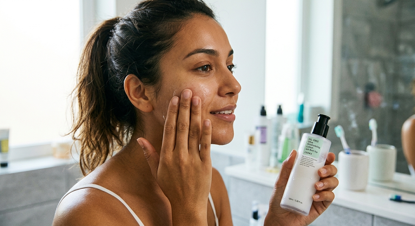 A close-up shot of a smiling woman in a bathroom setting applying a clear, oil-free moisturizing lotion to her cheek.