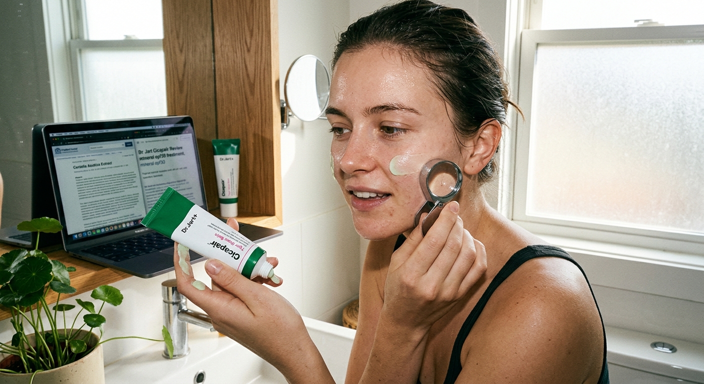 A woman examines her skin with a magnifying loupe in a bathroom while researching Dr. Jart+ Cicapair cream online.