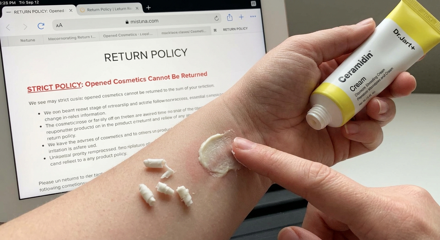 Person patch-testing Dr. Jart+ Ceramidin Cream on wrist; computer displays a strict no-return policy for opened cosmetics.