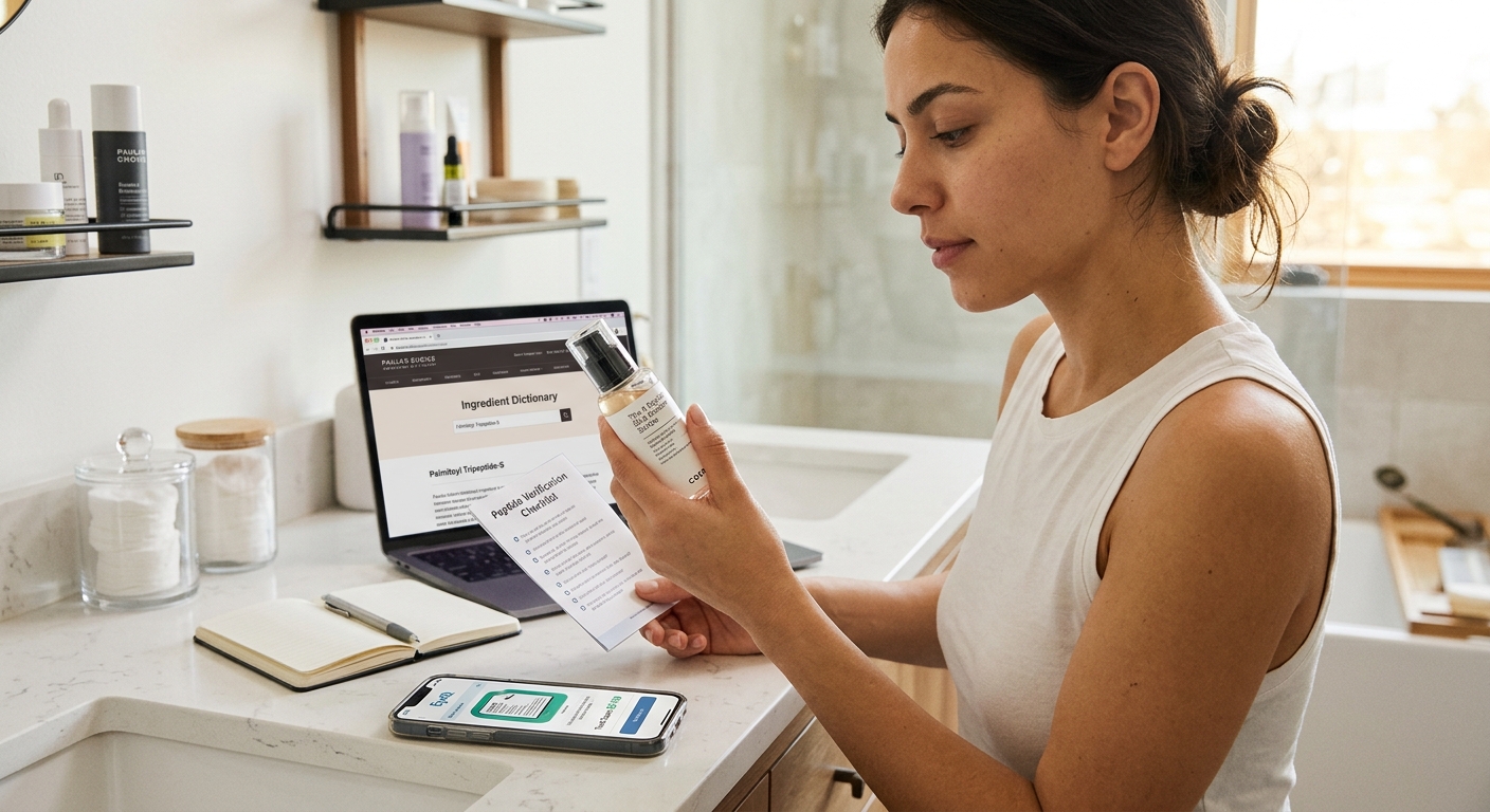 Woman examining a skincare bottle in a bathroom while cross-referencing ingredients on a laptop and smartphone screen.