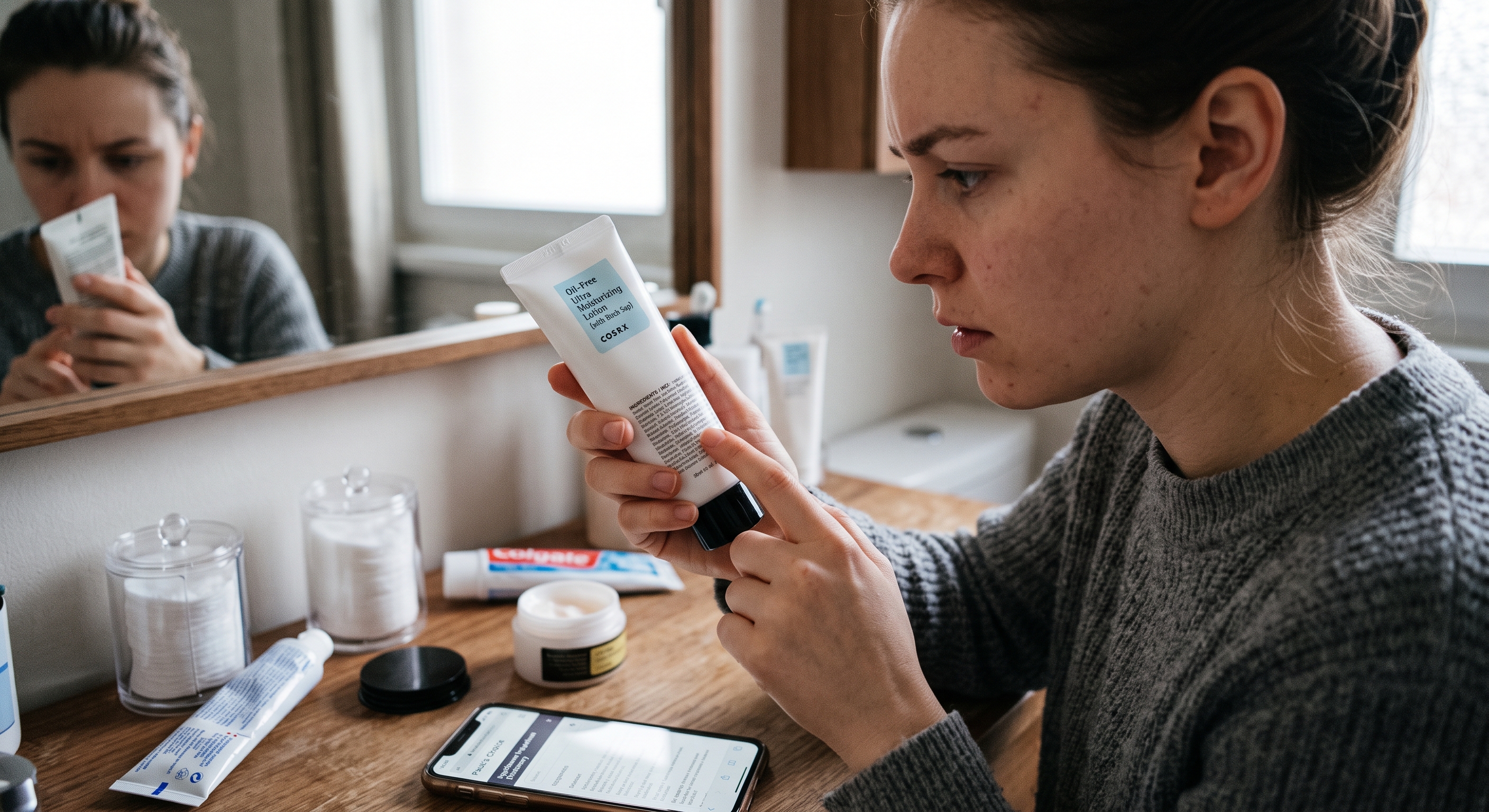 A woman in a grey sweater inspects a white tube of lotion in a mirror reflection, pointing to the ingredient list.
