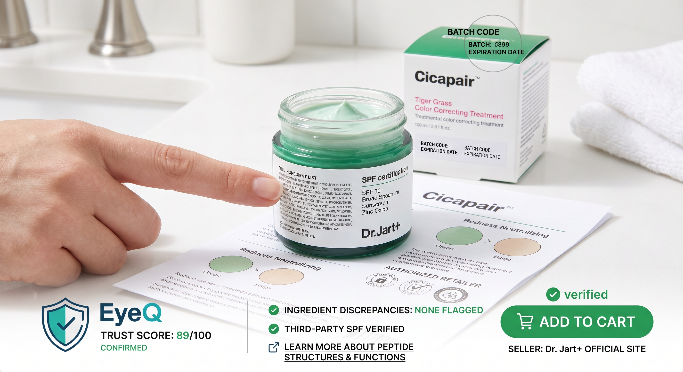 A finger points to the ingredient list on a jar of Cicapair treatment, which has a 89/100 EyeQ trust score.