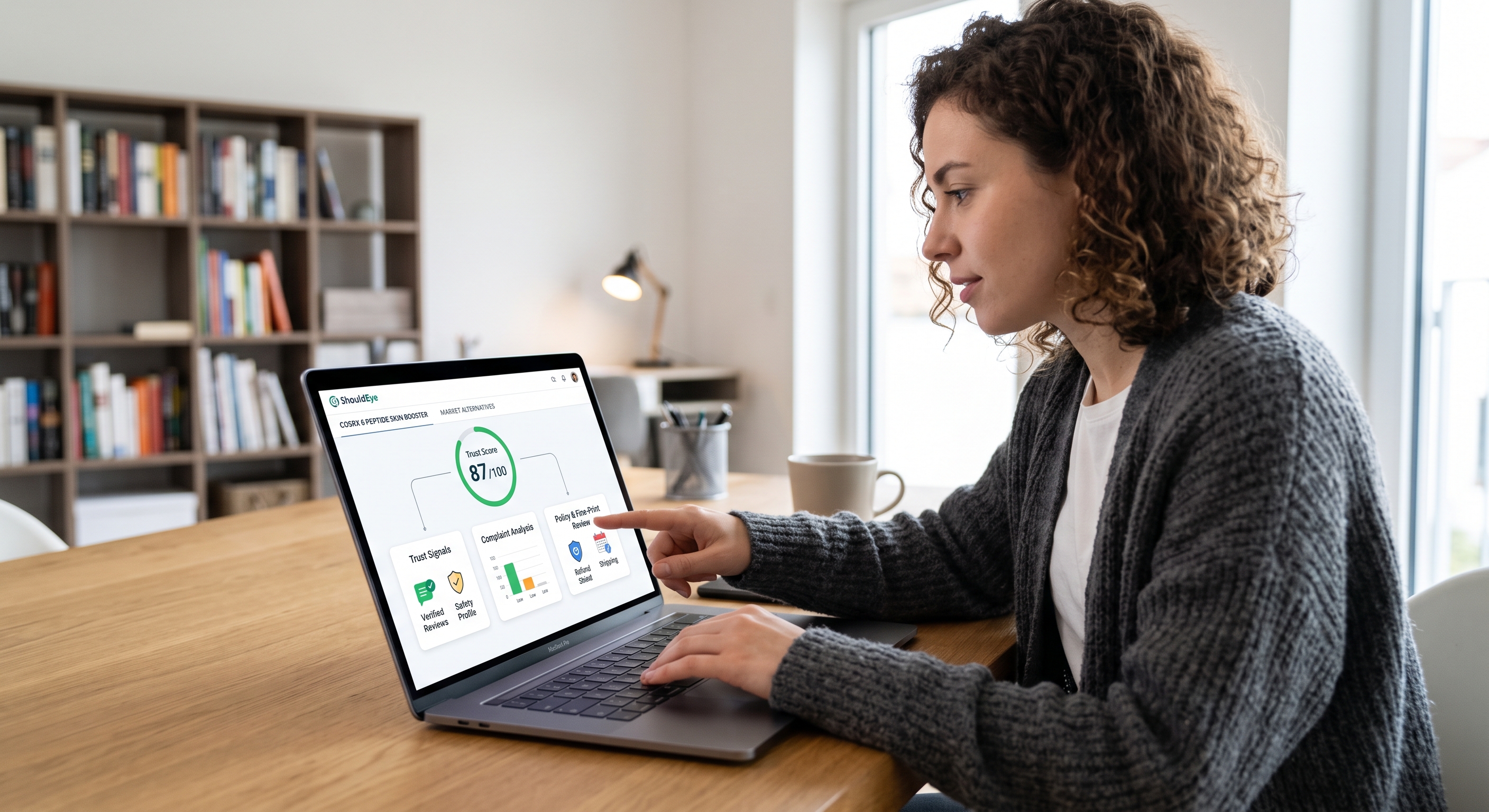 A woman pointing to a 'Trust Score' of 87/100 and analyzing review metrics on her laptop in a home office.