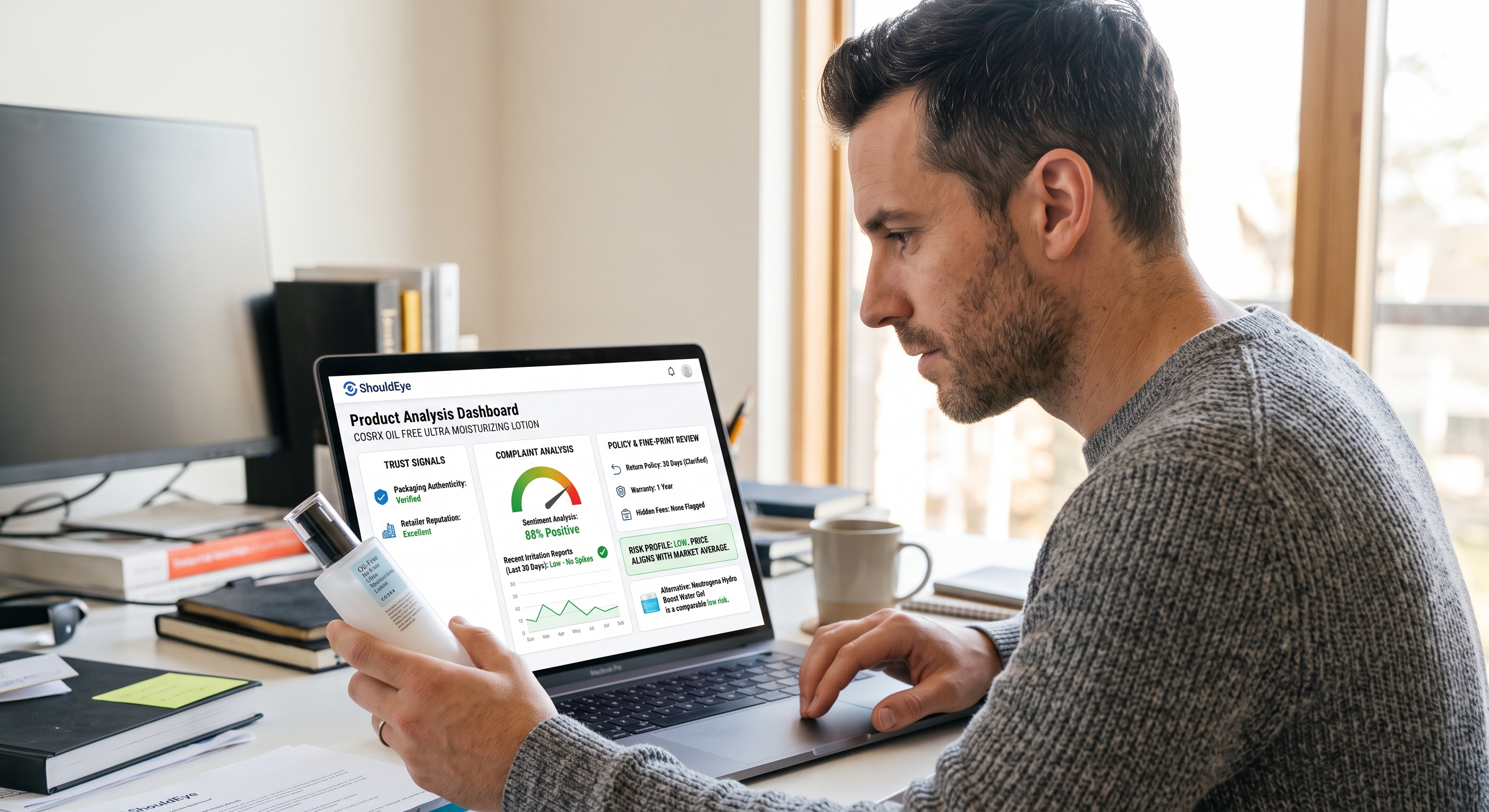 A man in a grey sweater holds a lotion bottle while viewing a 'ShouldEye Product Analysis Dashboard' on a laptop.