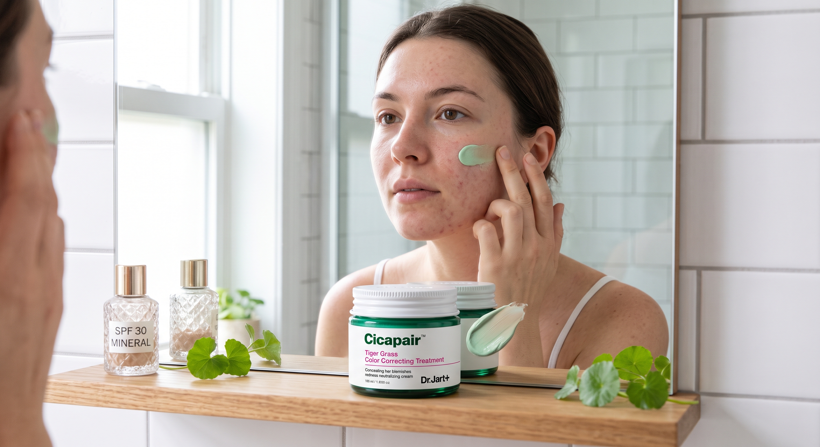 A woman applies Dr. Jart+ Cicapair to neutralise skin redness, showing the cream's green-to-beige color correction.