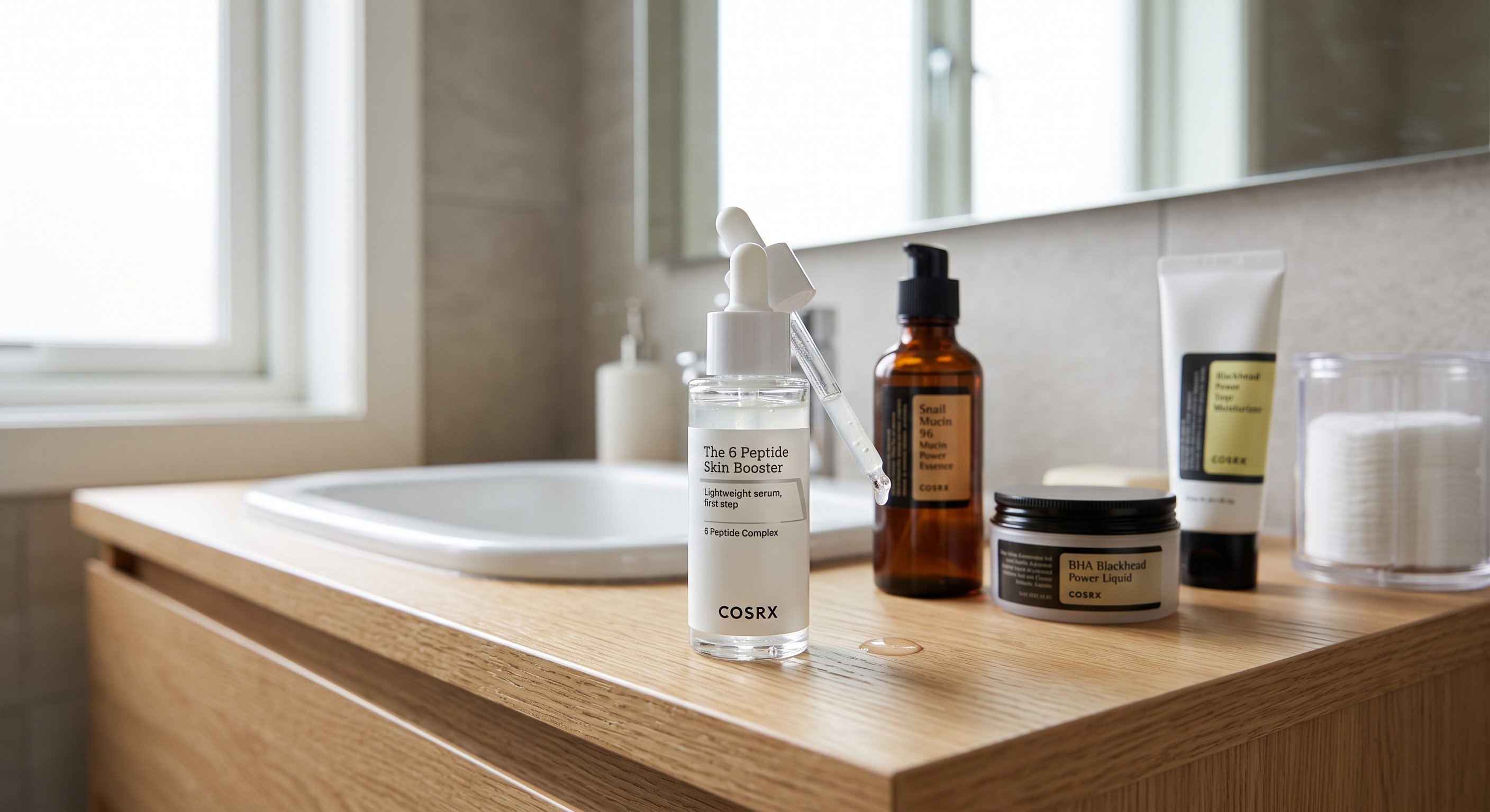 A bottle of COSRX The 6 Peptide Skin Booster on a wooden bathroom counter with a dropper dispensing a clear liquid drop.