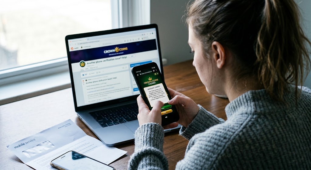 Woman looking at locked Crown Coins app on smartphone, with laptop displaying community forum discussions on desk.