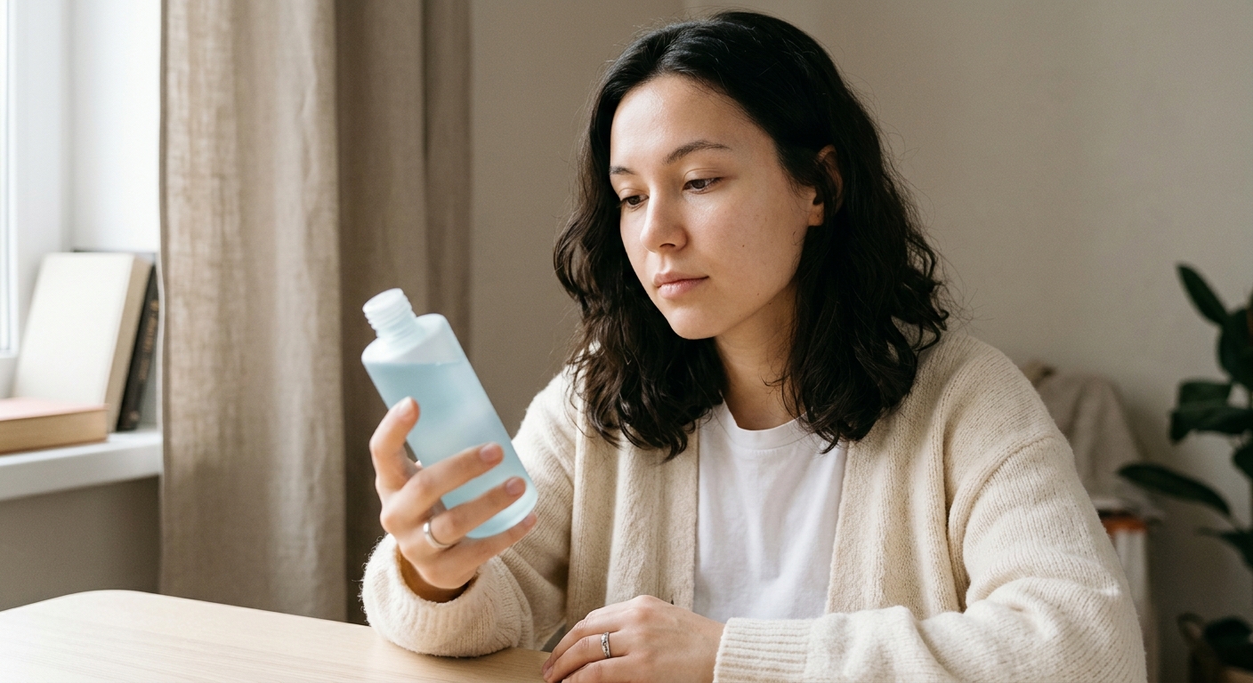 Woman sitting at a desk and thoughtfully inspecting a clear skincare toner bottle for ingredients and product details.