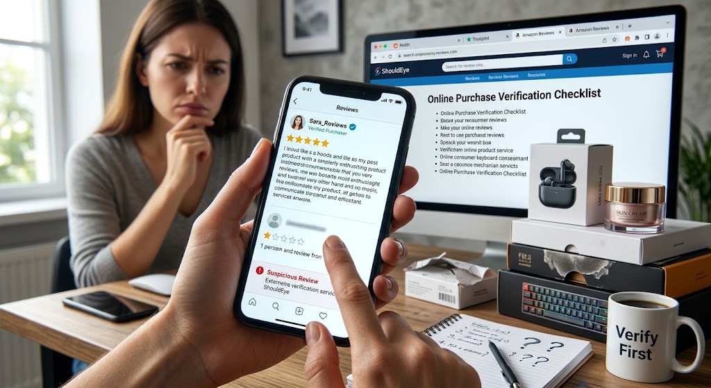 Shopper checking product reviews on smartphone while cross-referencing online purchase verification checklist on laptop.