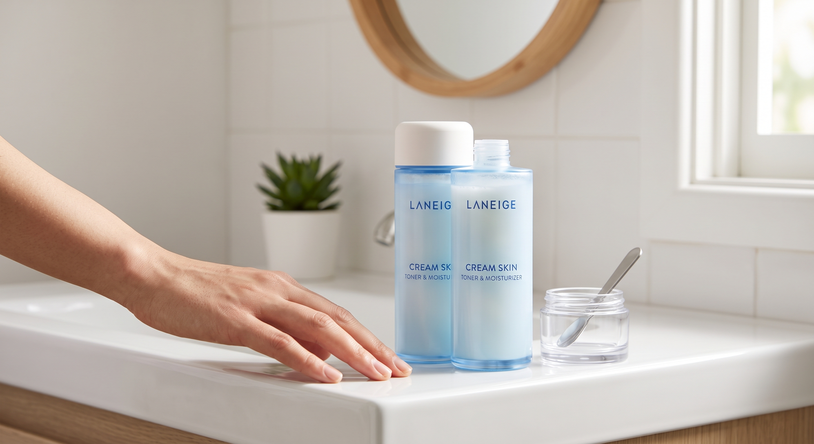 Laneige Cream Skin Toner bottle sitting on a bright white bathroom counter next to a glass jar in soft morning light.