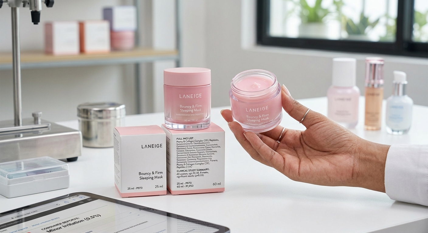 A hand holds an open Laneige Bouncy & Firm Sleeping Mask, with product boxes listing ingredients and a price list nearby.