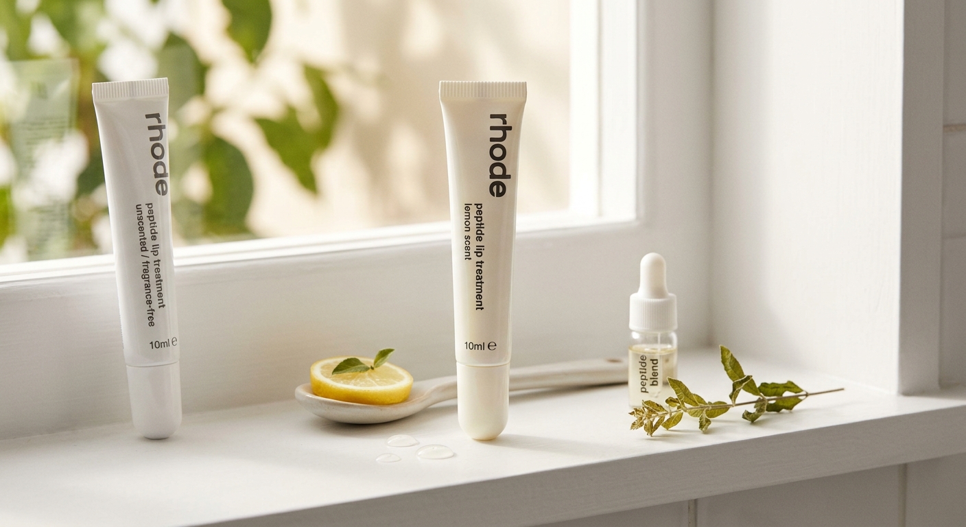 Two white Rhode Peptide Lip Treatment tubes, one lemon scent and one fragrance-free, with a lemon slice and droplet.