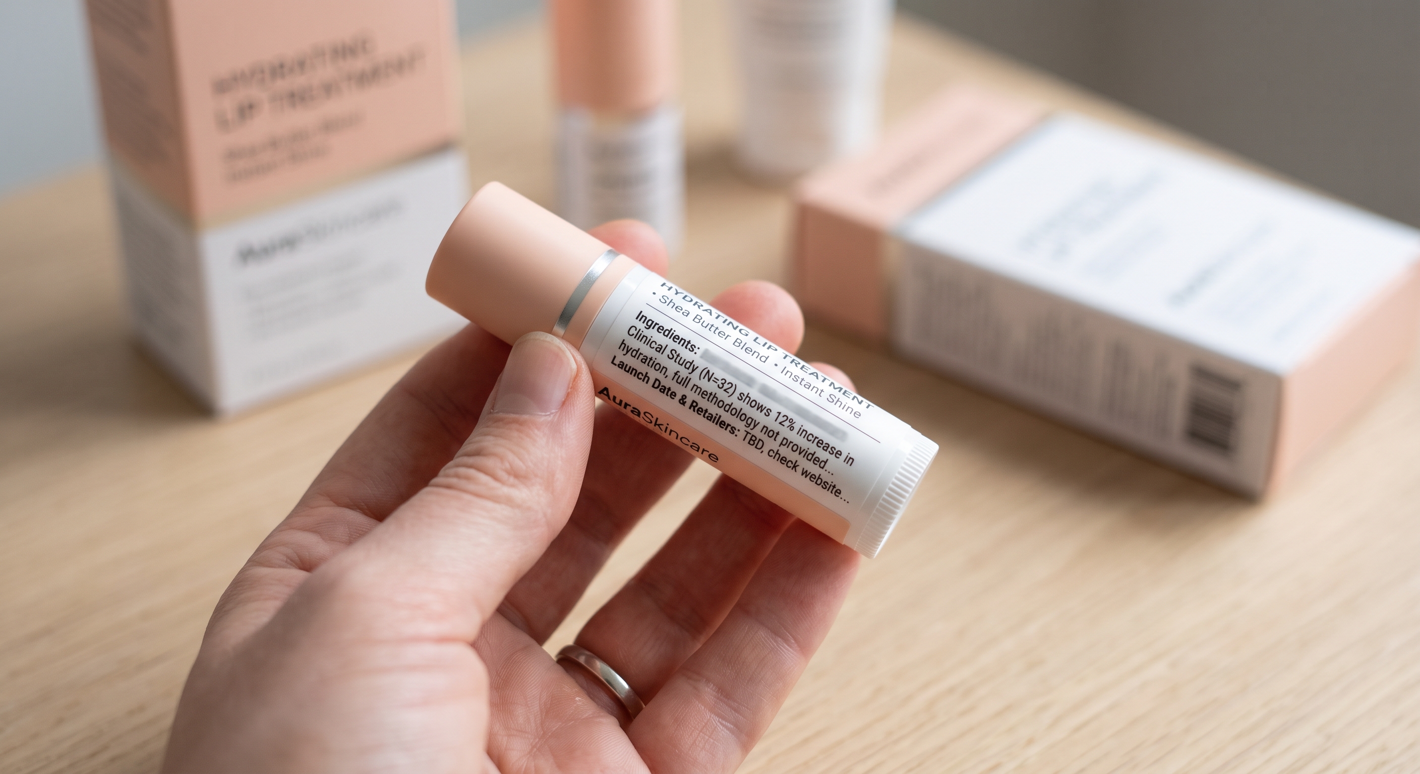 A hand holds a lip balm with partial ingredients and clinical study text, with blurred boxes and other items behind it.
