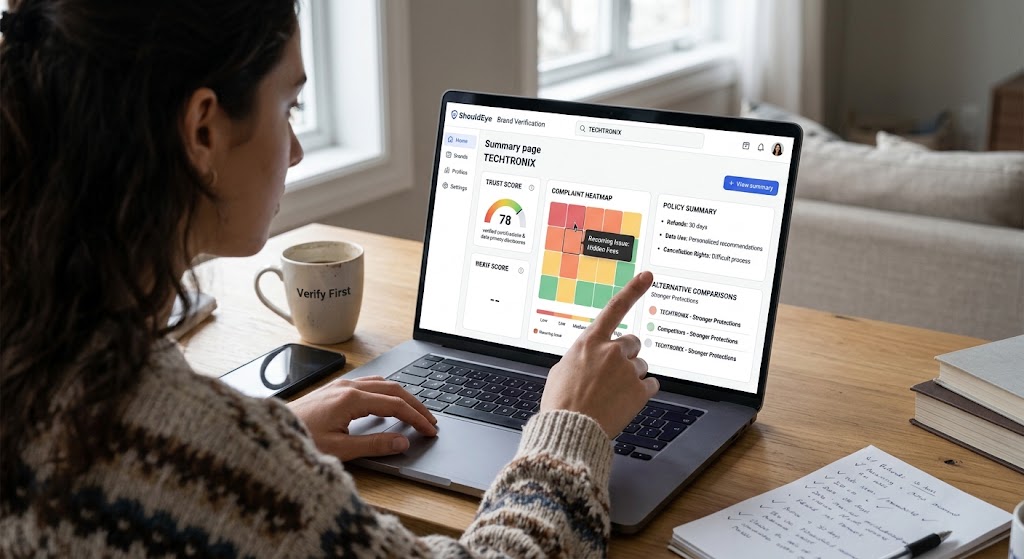 User analyzing ShouldEye brand dashboard with trust score, complaint heatmap, and policy summary on laptop screen.