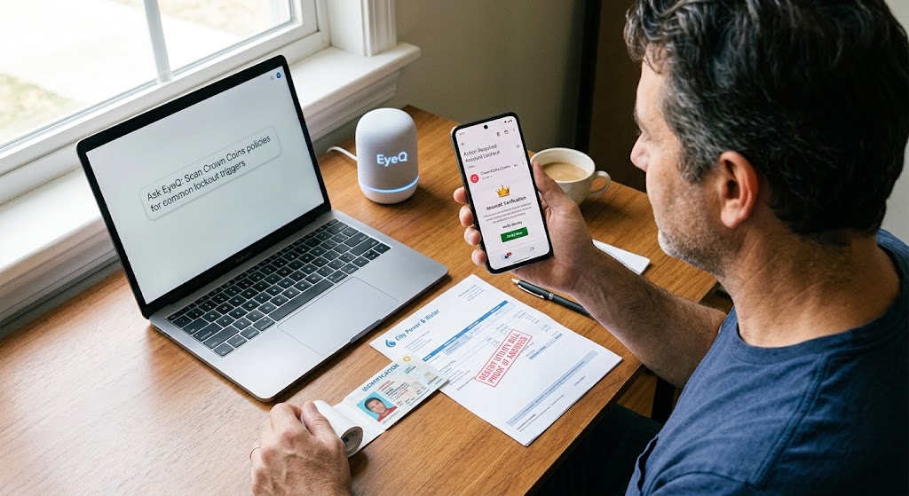 Man holding ID and utility bill, checking email notification on phone next to laptop displaying EyeQ AI analysis tool.