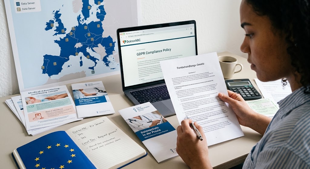 A person reviews GDPR policies, German Telemedicine Act documents, and an EU server map on a laptop and desk.