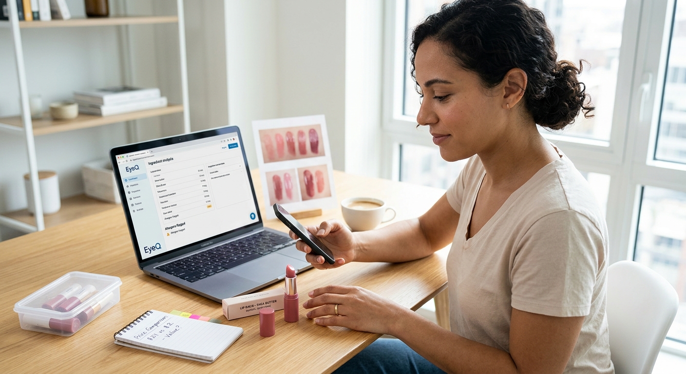 Woman with curly hair sits at a desk using a laptop, phone, and comparing lipstick swatches, price, and ingredients.