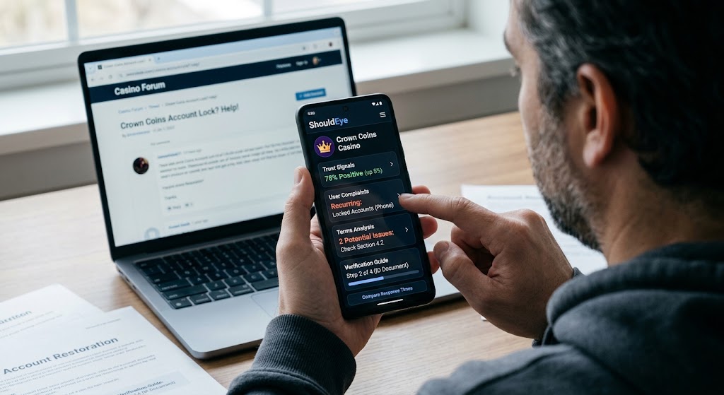 Person using ShouldEye app on mobile phone to analyze Crown Coins trust signals, complaint trends, and policy terms.