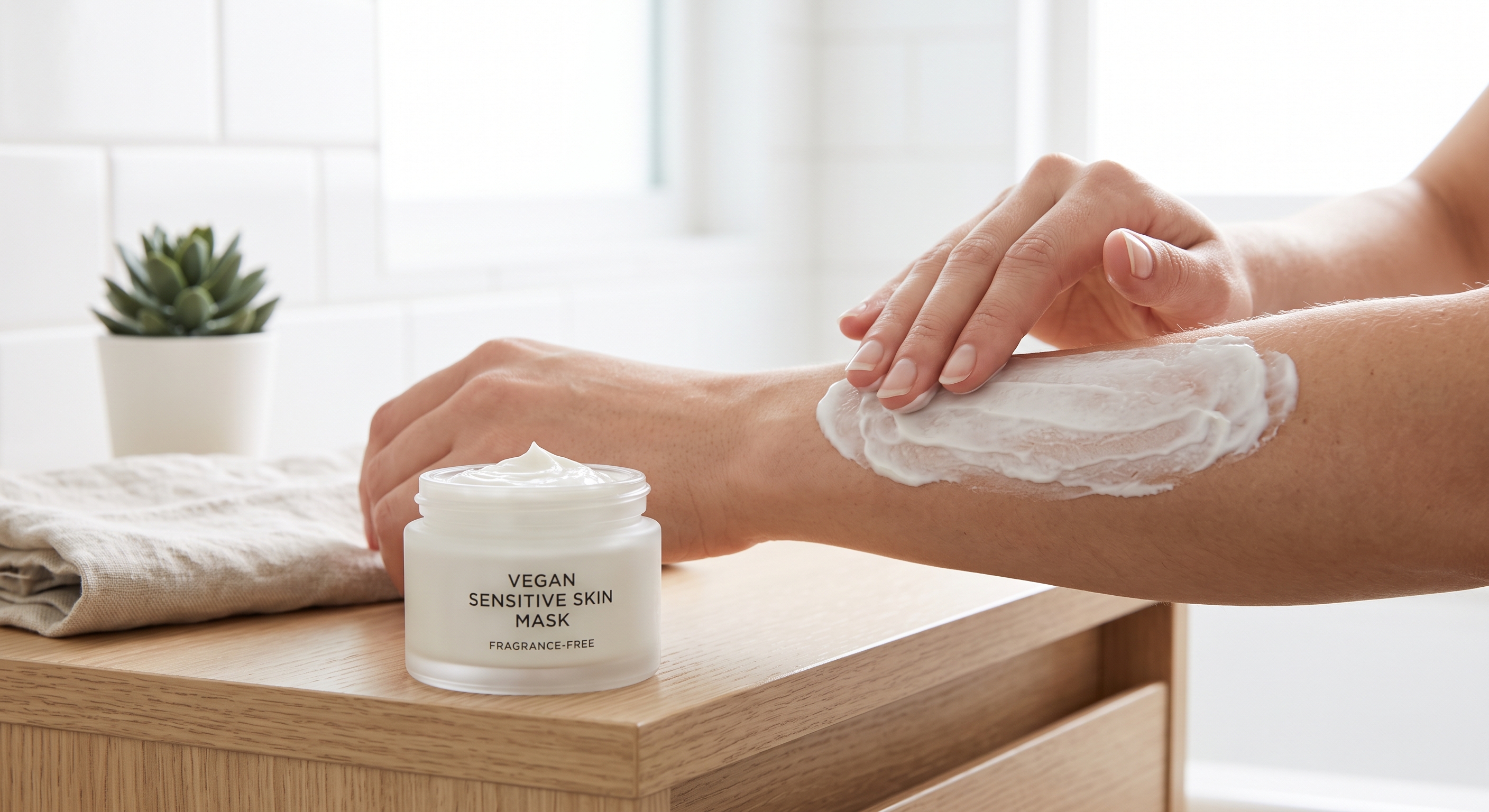 A person applies a thick white cream from a glass jar to their arm in a bright, clean bathroom.