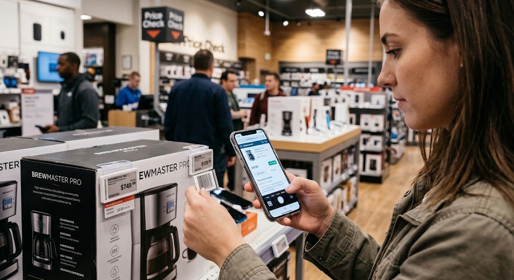 Woman scanning product barcode with smartphone in store for price verification and reviews while browsing retail shelves.