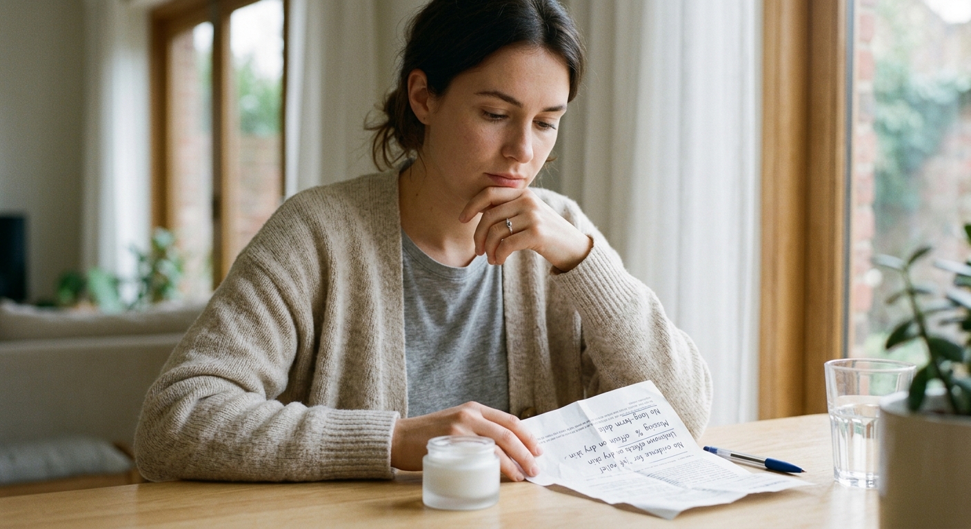 A woman sitting at a table looks thoughtfully at a piece of paper and a cosmetic jar, with a window behind her.