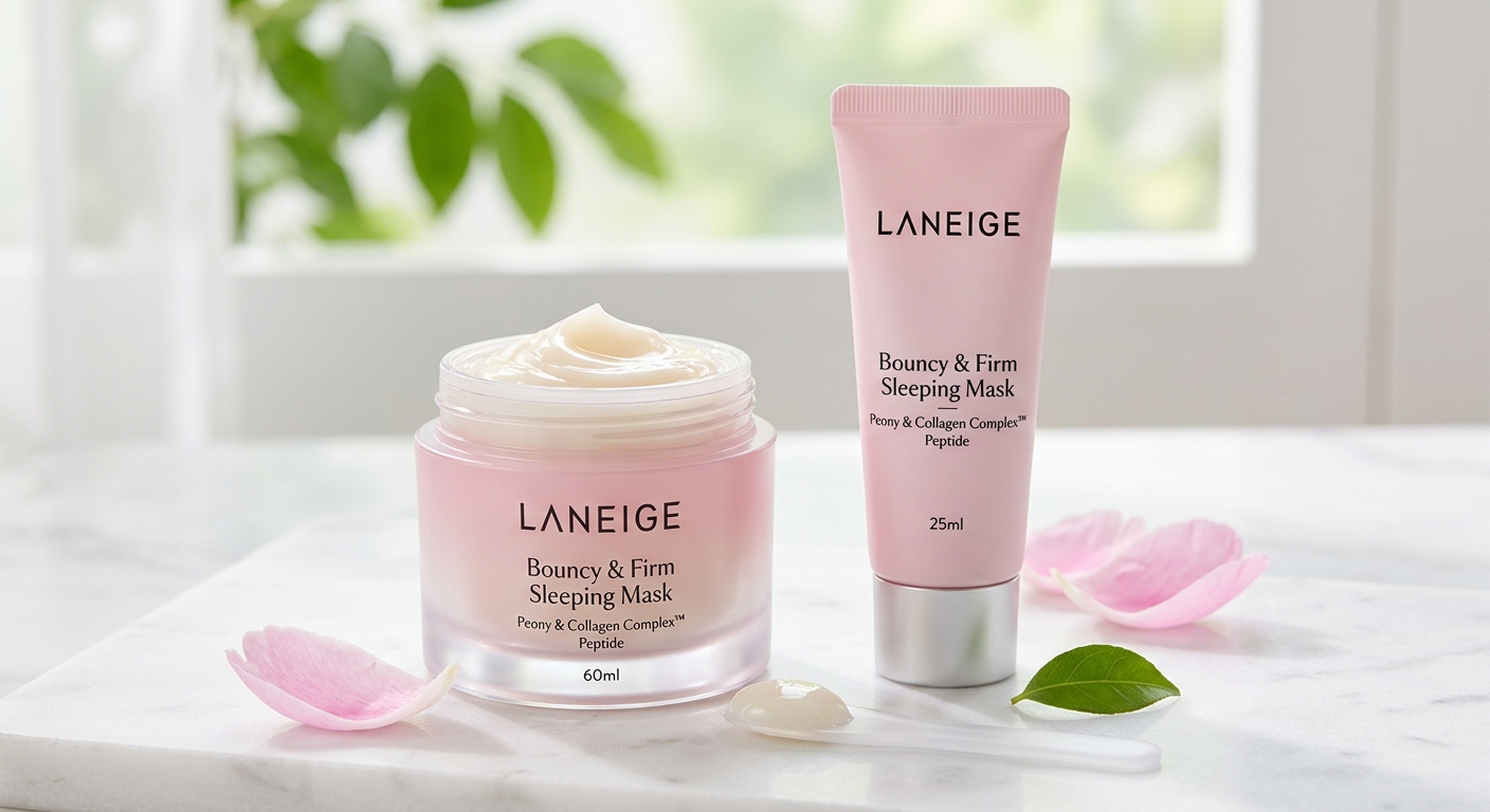Laneige Bouncy & Firm Sleeping Mask in a 60ml jar and 25ml pink tube, surrounded by soft pink peony petals on marble.