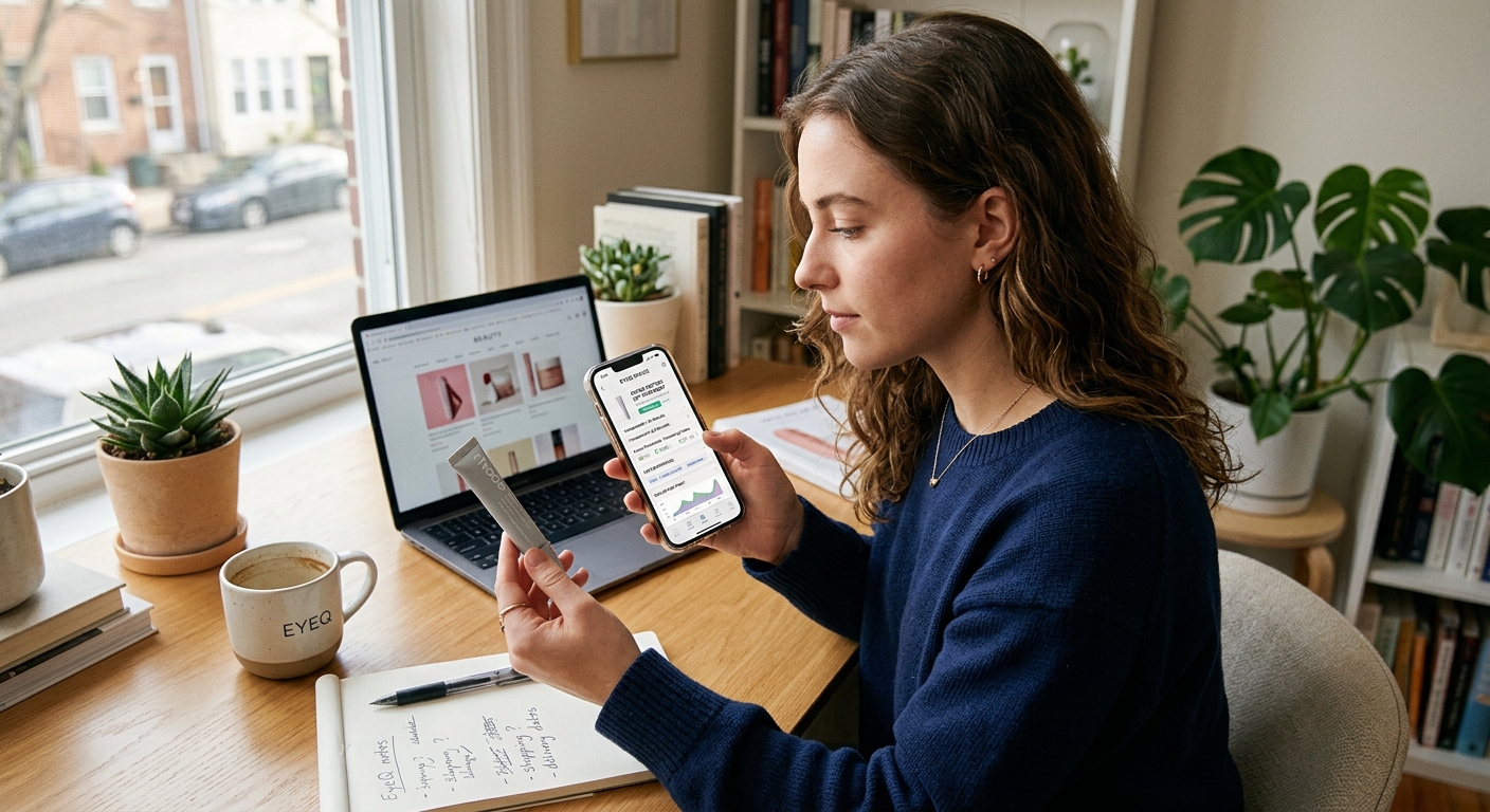 A woman holding a lip treatment tube reviews beauty product claims on her phone at a desk with a laptop open nearby.