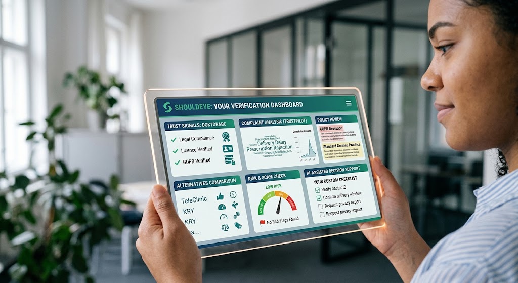 A user looks at the ShouldEye dashboard on a tablet, displaying trust signals, risk checks, and complaint analysis.