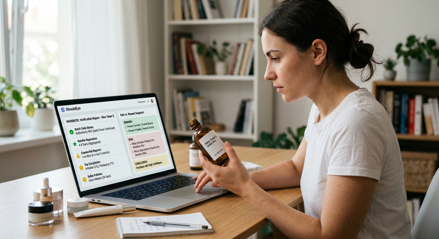 Woman holding skincare bottle in front of laptop displaying ShouldEye trust report with batch code and risk analysis.