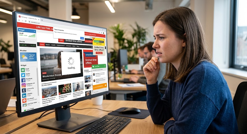 A frustrated user looks at a computer screen cluttered with slow-loading widgets, banners, pop-ups, and live chats.