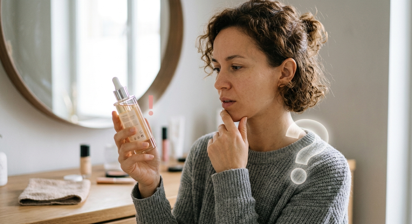 A woman examines the back of a skincare serum bottle with a thoughtful expression in front of a bathroom mirror.