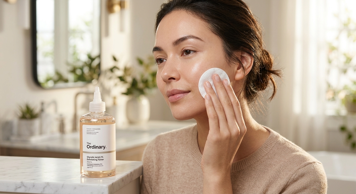 A clear bottle of The Ordinary Glycolic Acid 7% Toning Solution on a marble counter with a woman using a cotton pad.