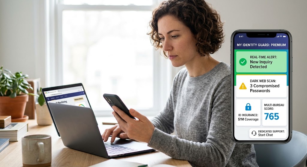 Woman using a phone displaying dark web scans, real-time alerts, and credit scores next to a laptop at a desk.
