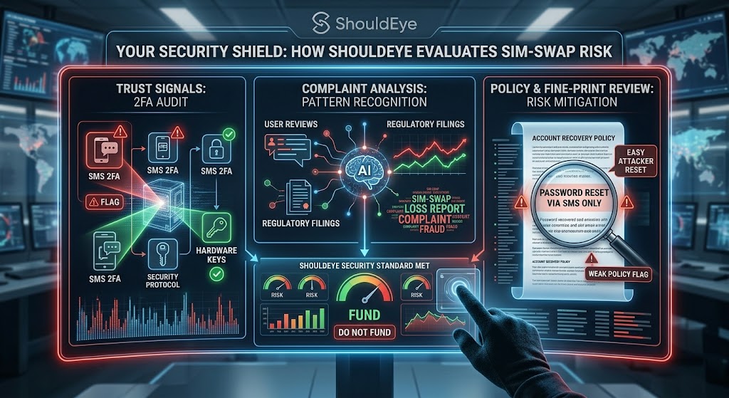 ShouldEye analytics dashboard evaluating exchange risk through 2FA audits, complaint analysis, and recovery policies.