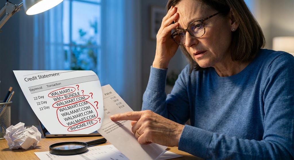 Concerned woman pointing at suspicious red-flagged Walmart charges on a credit statement.
