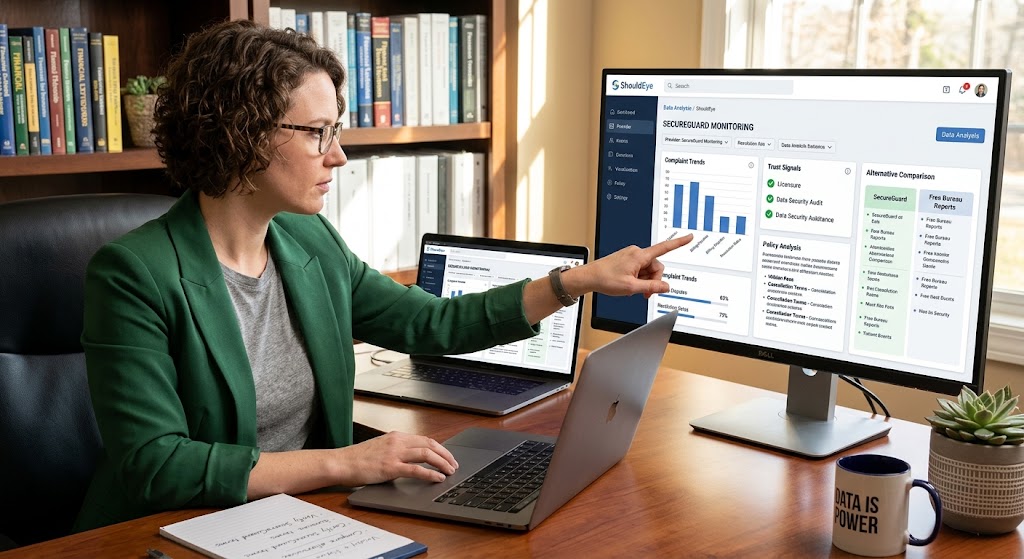 Woman pointing at ShouldEye dashboard analyzing provider trust signals, complaints, and credit monitoring trends.
