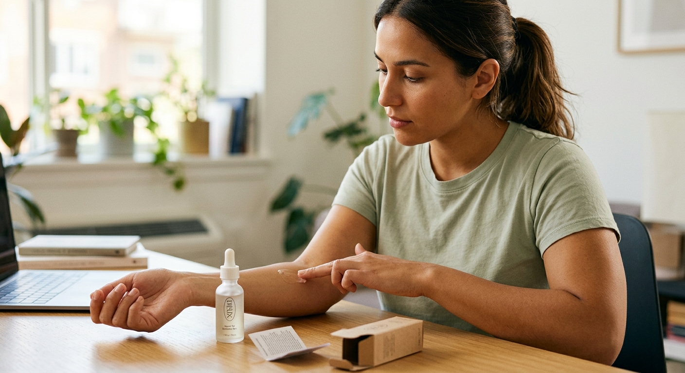 A woman performs a patch test of skincare serum on her inner forearm at a wooden desk with a dropper bottle and box.