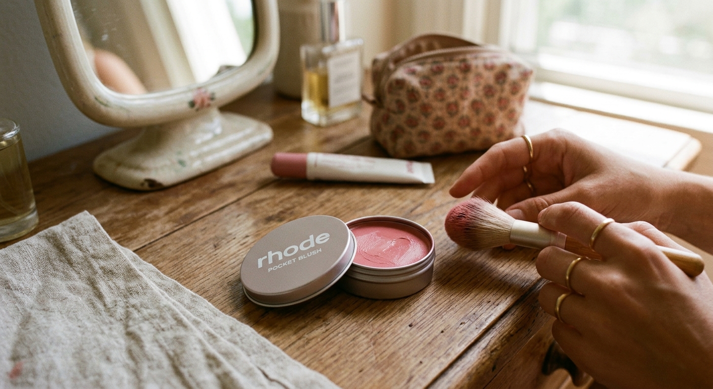 A flat lay style image of a person with gold rings holding a makeup brush near a round tin of Rhode Pocket Blush on a wooden table.