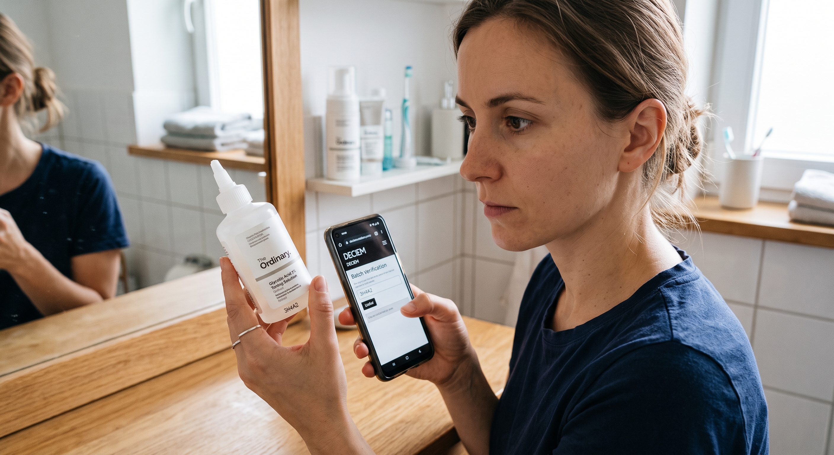 A woman checks the batch code on a bottle of The Ordinary toner using her smartphone in a bright bathroom setting.