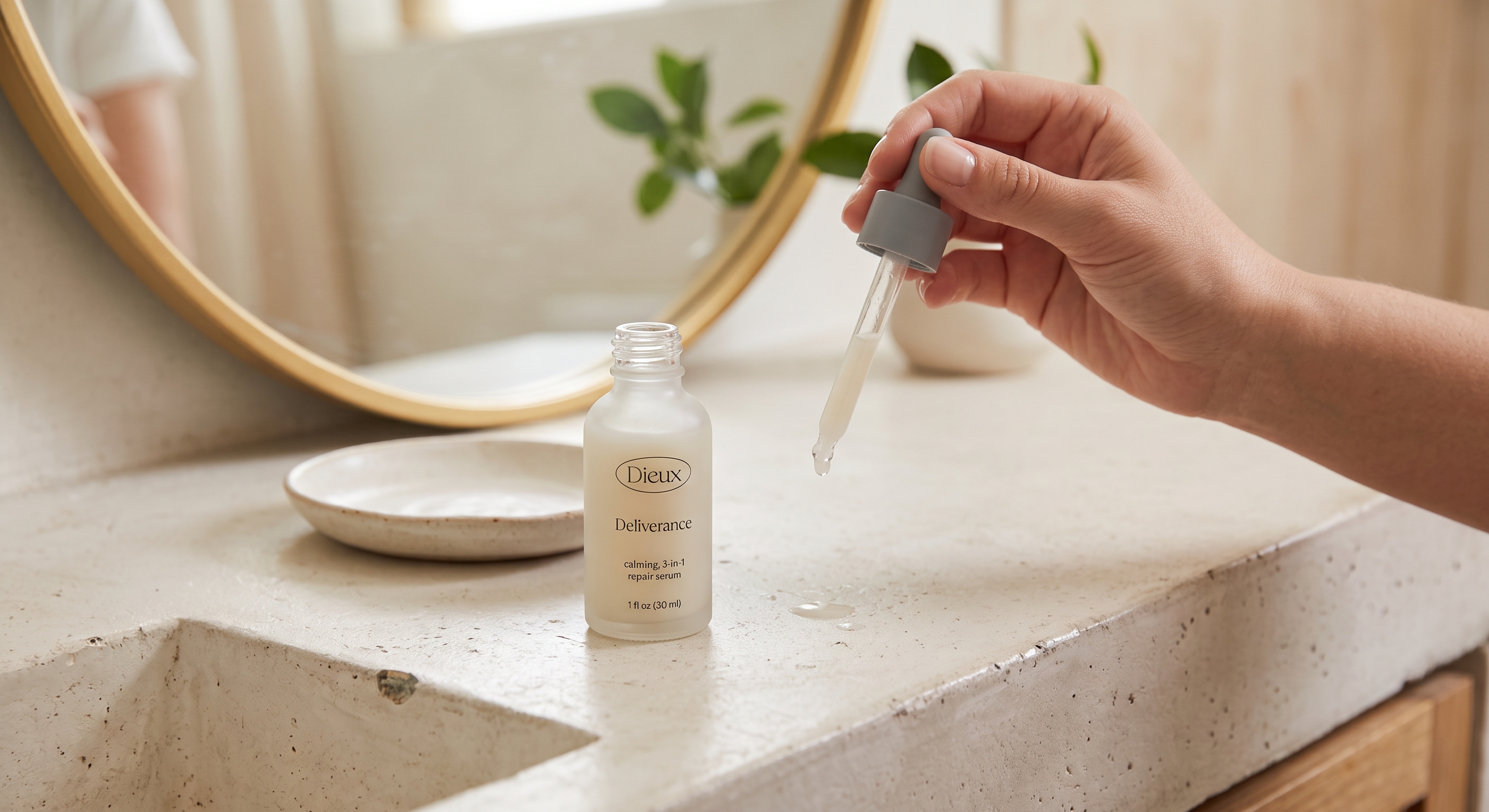 A hand holds a glass dropper dispensing Dieux Deliverance Serum onto a vanity, next to the open frosted serum bottle.