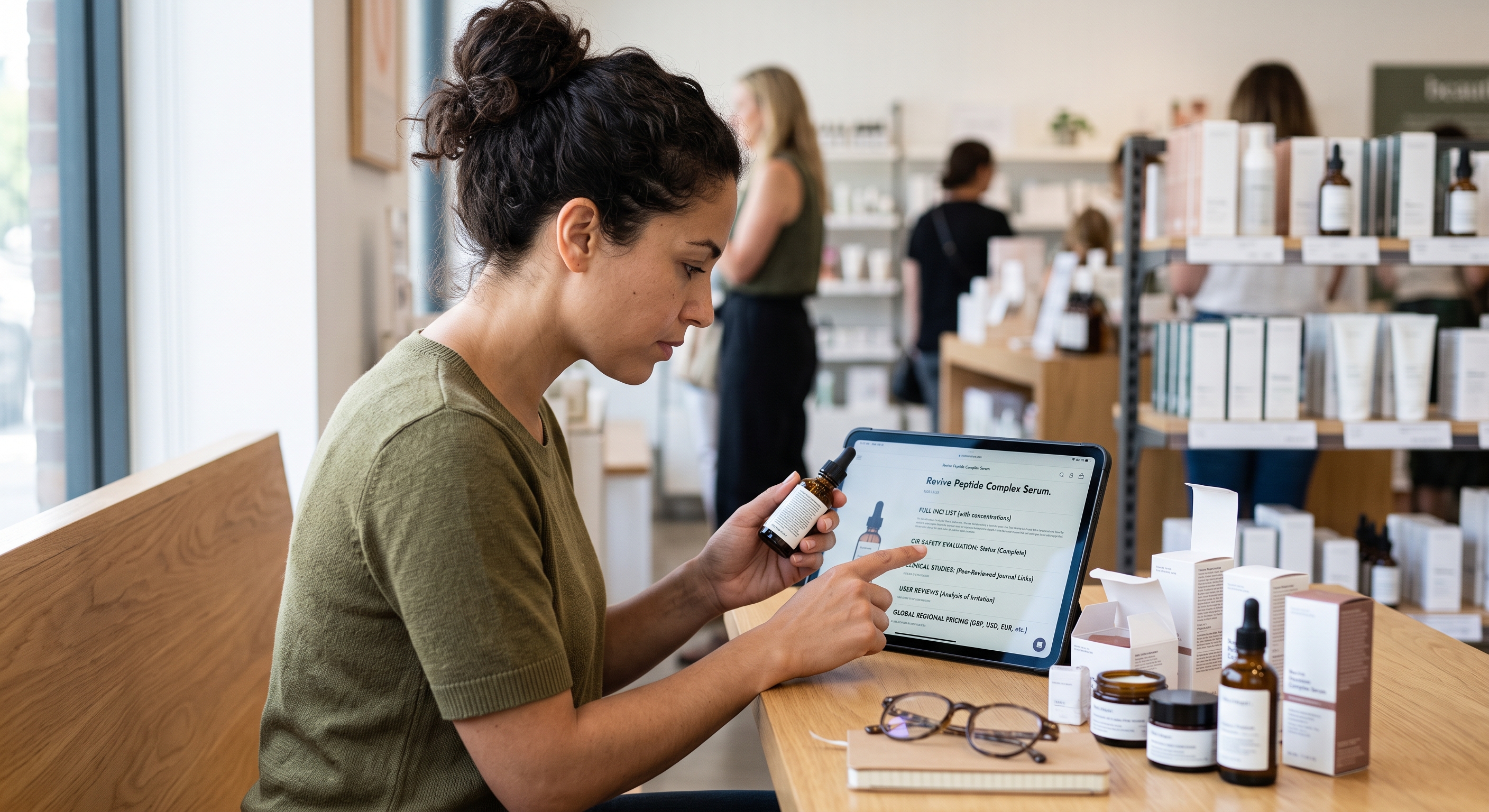 A woman in an olive green top holds a serum bottle while pointing at a tablet screen.