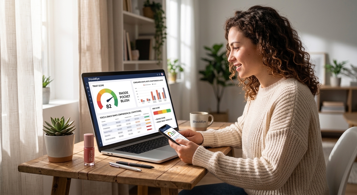 A woman with a laptop and phone, using the ShouldEye platform to review a product's Trust Score.