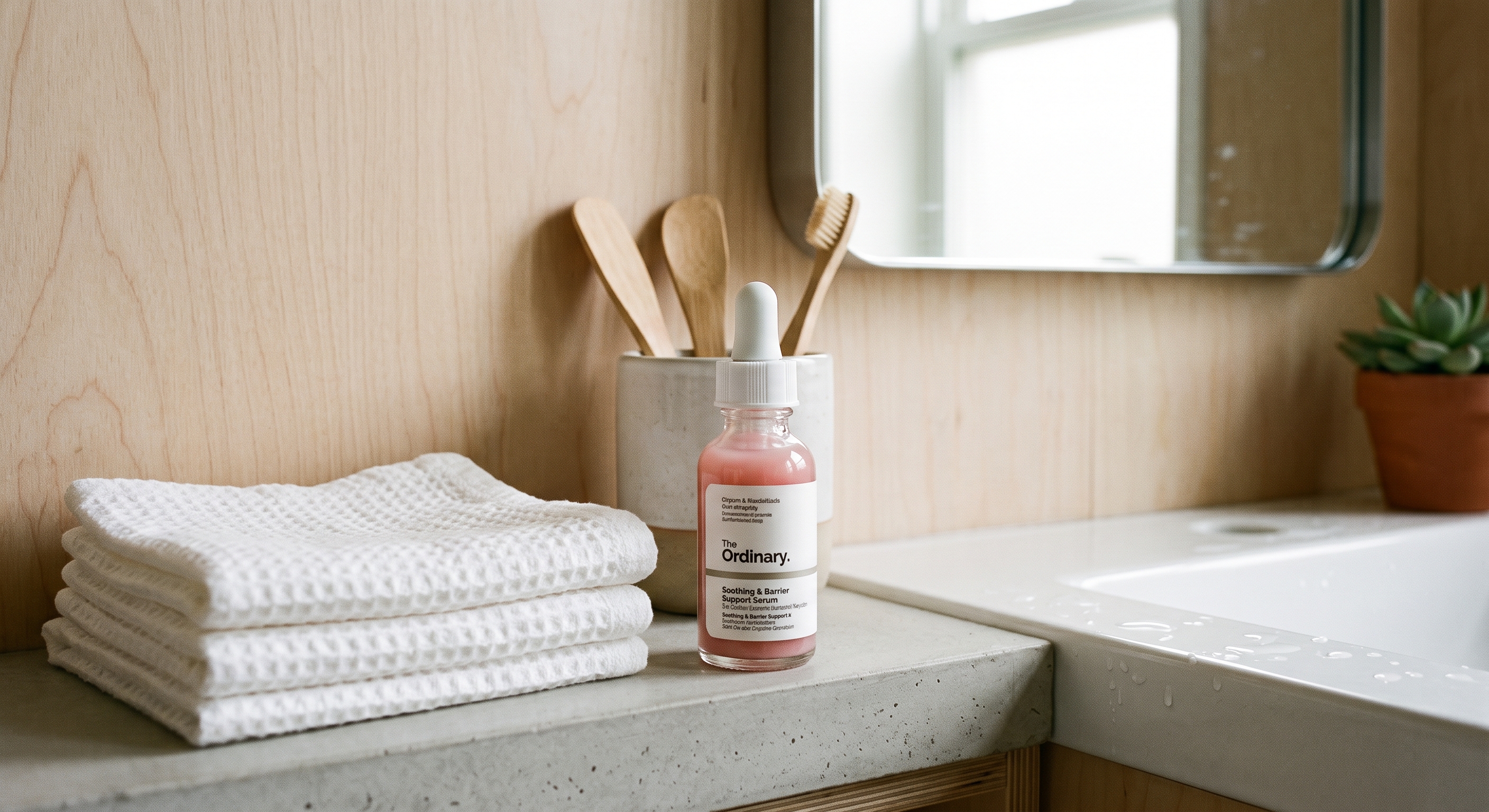 A bottle of pink The Ordinary Soothing & Barrier Support Serum sits on a concrete bathroom counter next to towels.