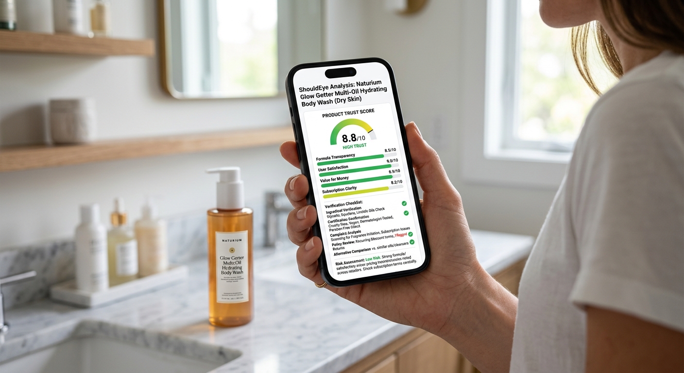 A hand holding a smartphone showing an 8.8/10 product trust score app next to a body wash bottle in a bathroom.