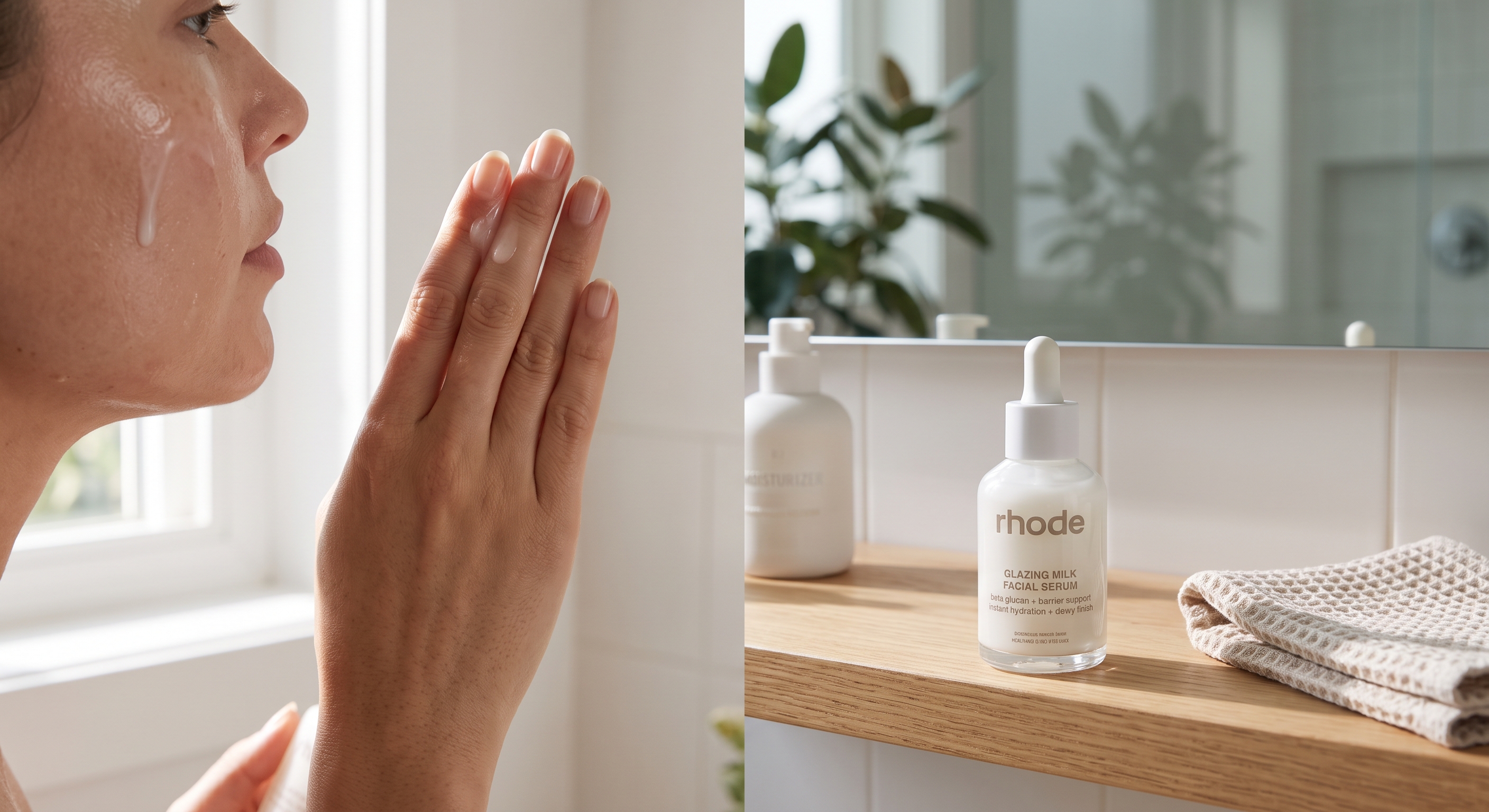 A split image showing a person applying a milky facial serum alongside a bottle of Rhode Glazing Milk on a shelf.