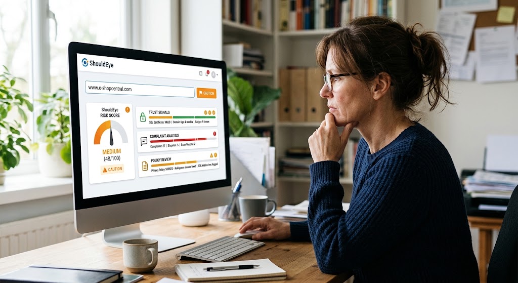 A woman in glasses uses a computer with a ShouldEye dashboard to analyze a website’s security risks.