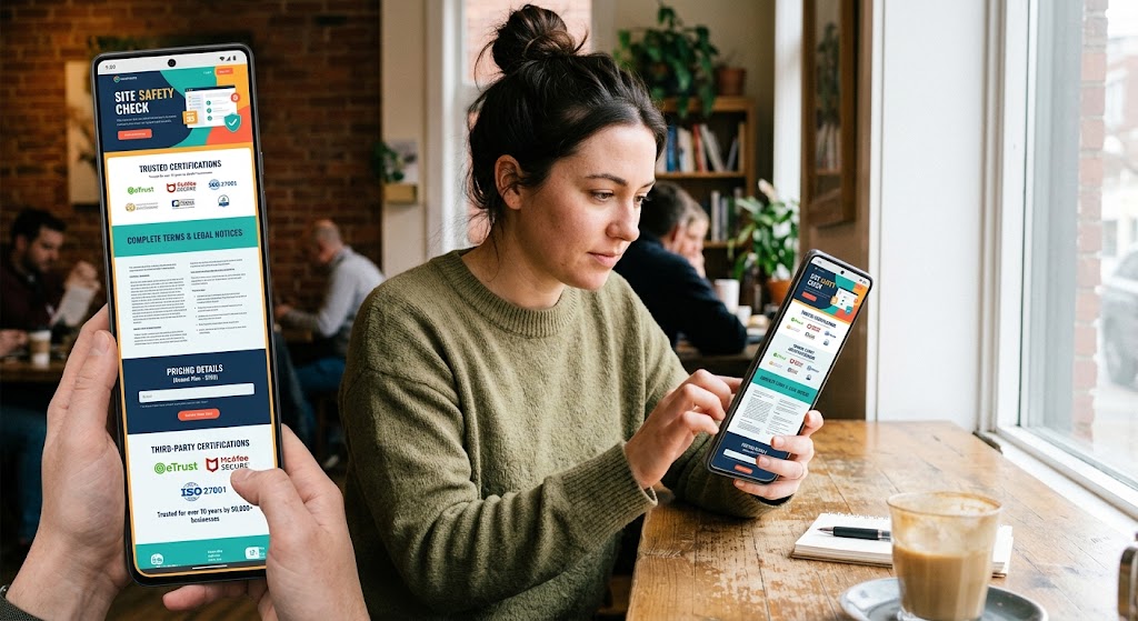 A woman in a cafe scrolls through a long webpage on her phone, showing information "below the fold," including trust signals.